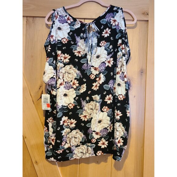 New! Torrid Size 1X Super Soft Knits Black Floral Cold Shoulder Top Rayon Blend - Picture 2 of 13